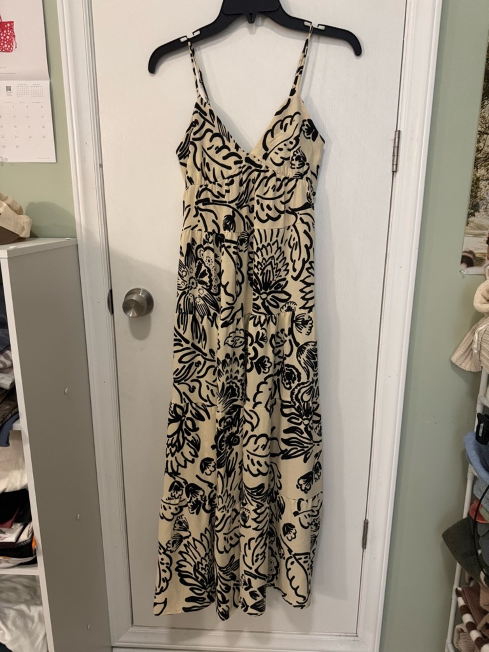 Beige and Black Floral Maxi Dress - Sleeveless V-Neck